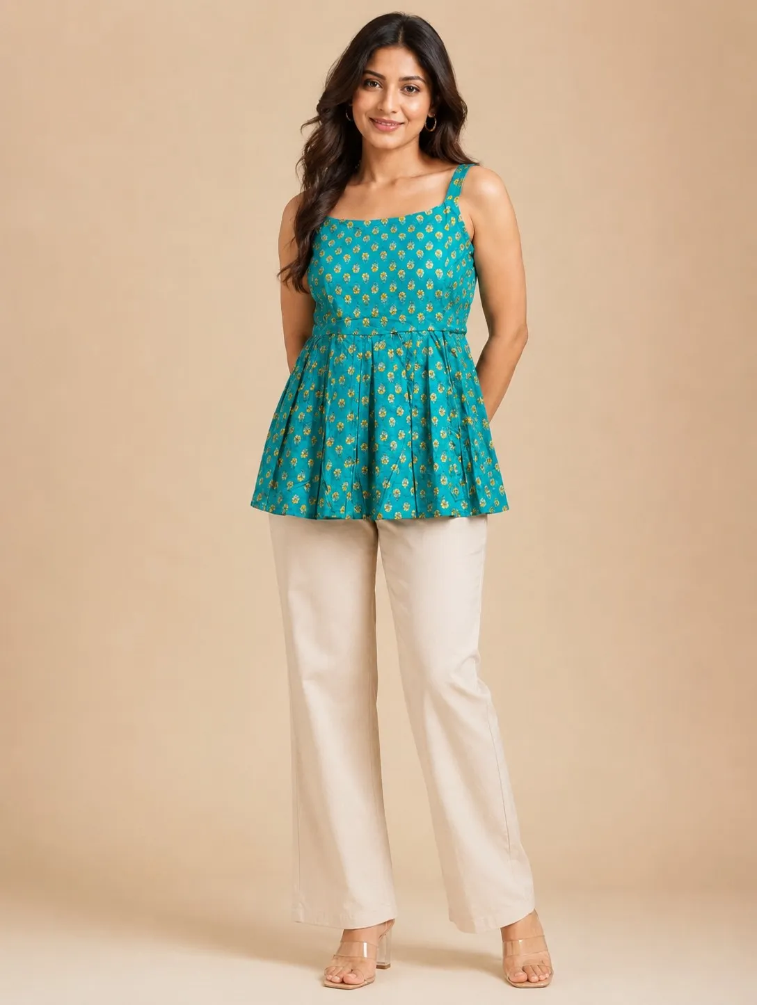 Teal Small Floral Print Cotton Peplum Top