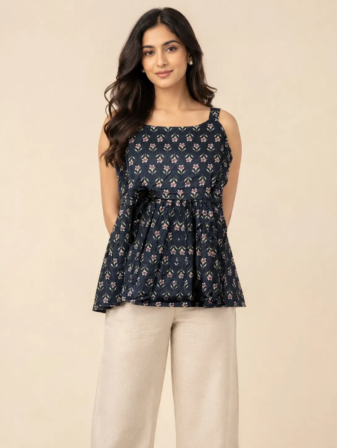 Navy Blue Small Pink Floral Print Cotton Peplum Top