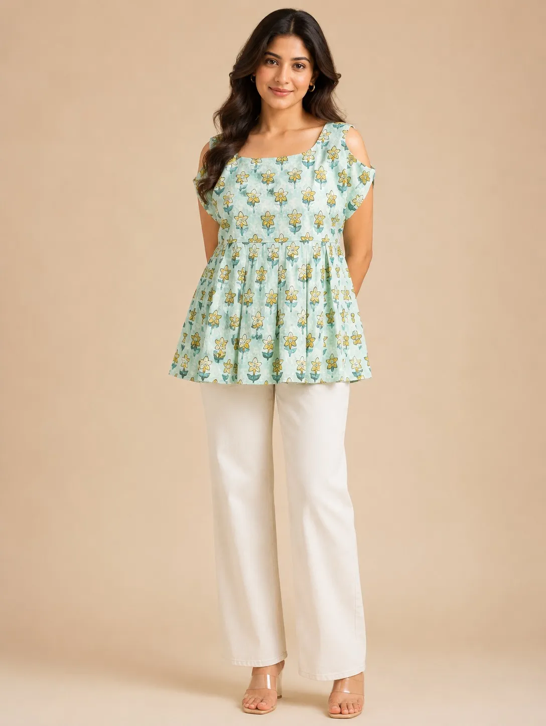 Mint Green Yellow Floral Print Cotton Peplum Top