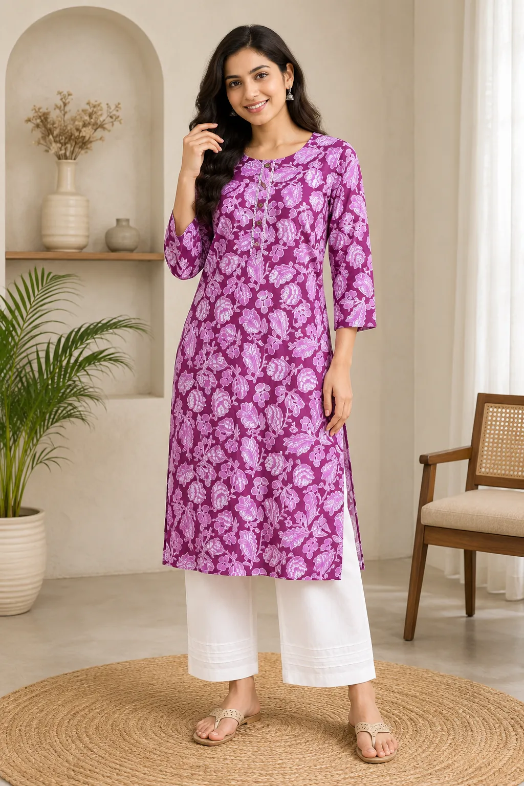 Magenta Floral Printed Kurta