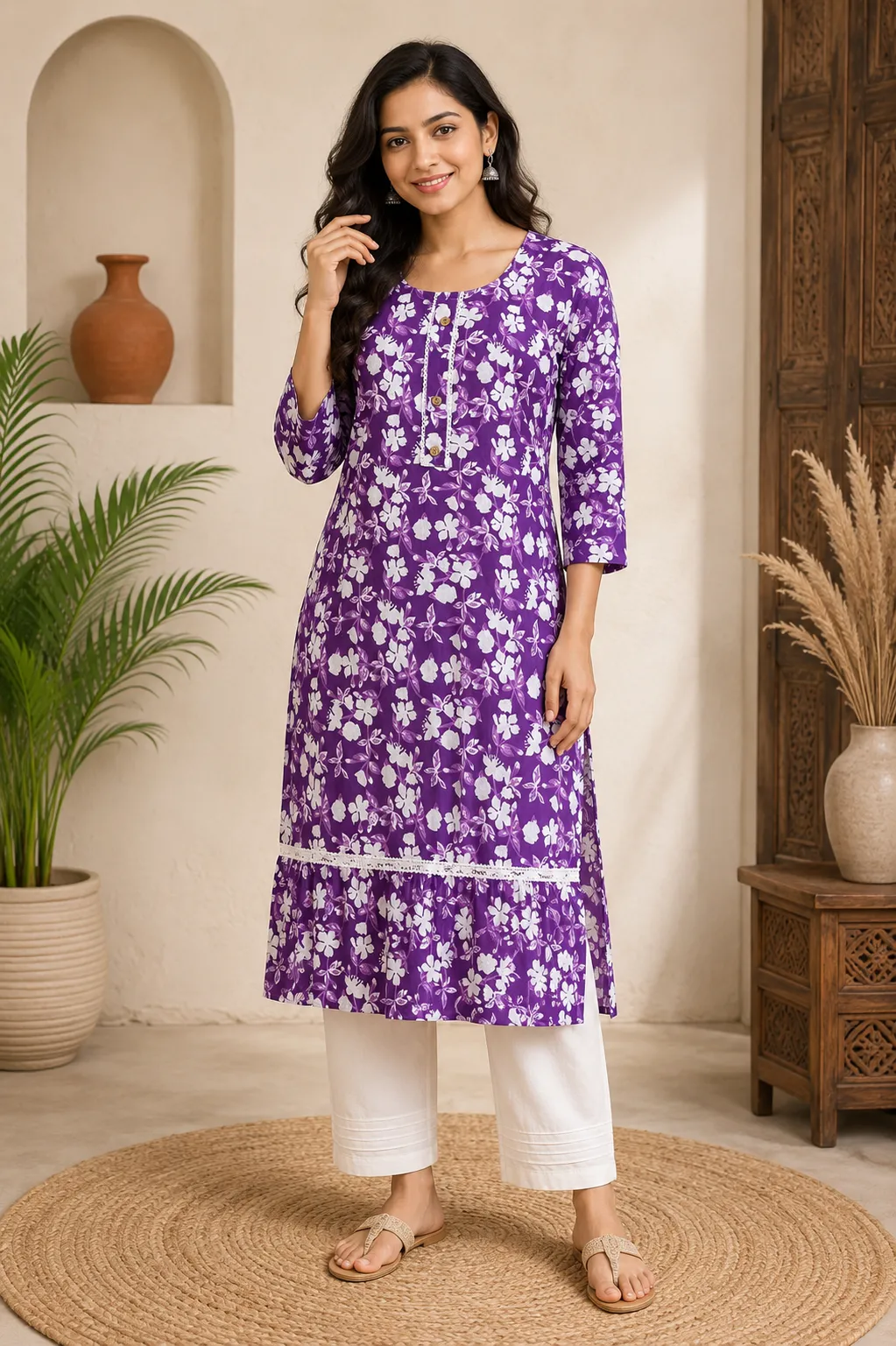 Purple Floral Kurta Set with Lace Hem