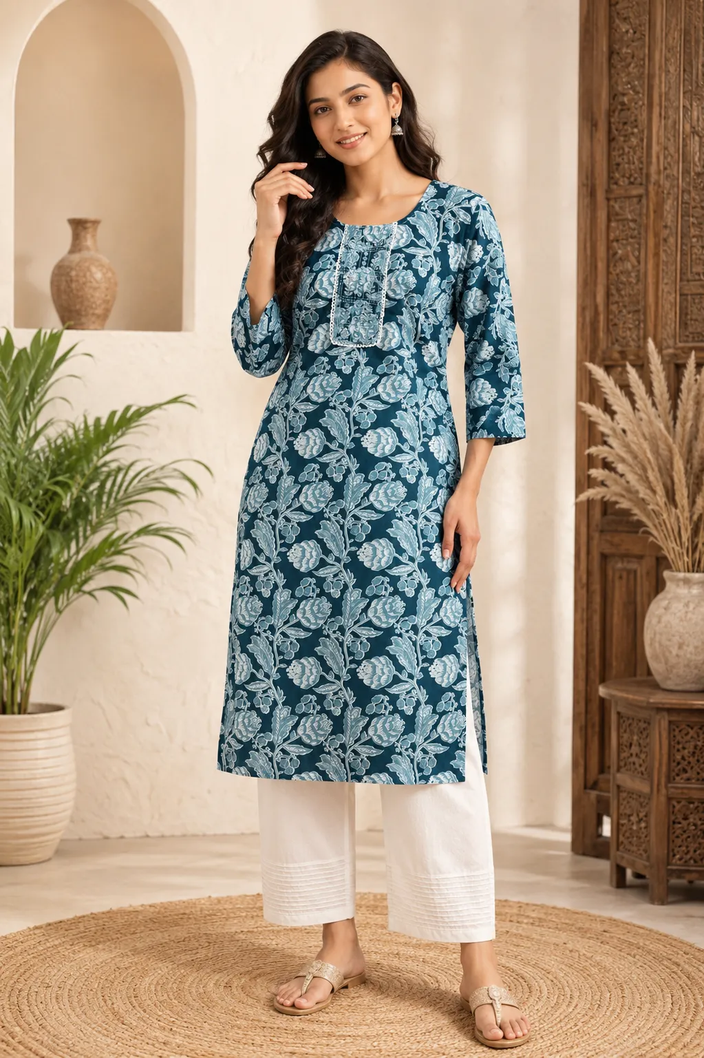 Teal Floral Printed Kurta