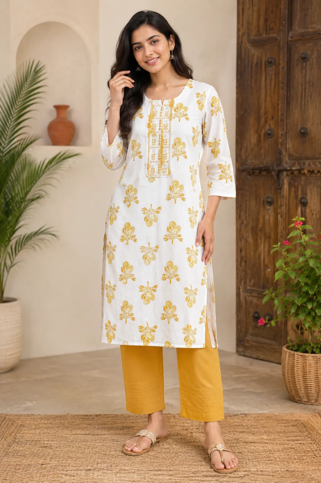 White Mustard Floral Kurta