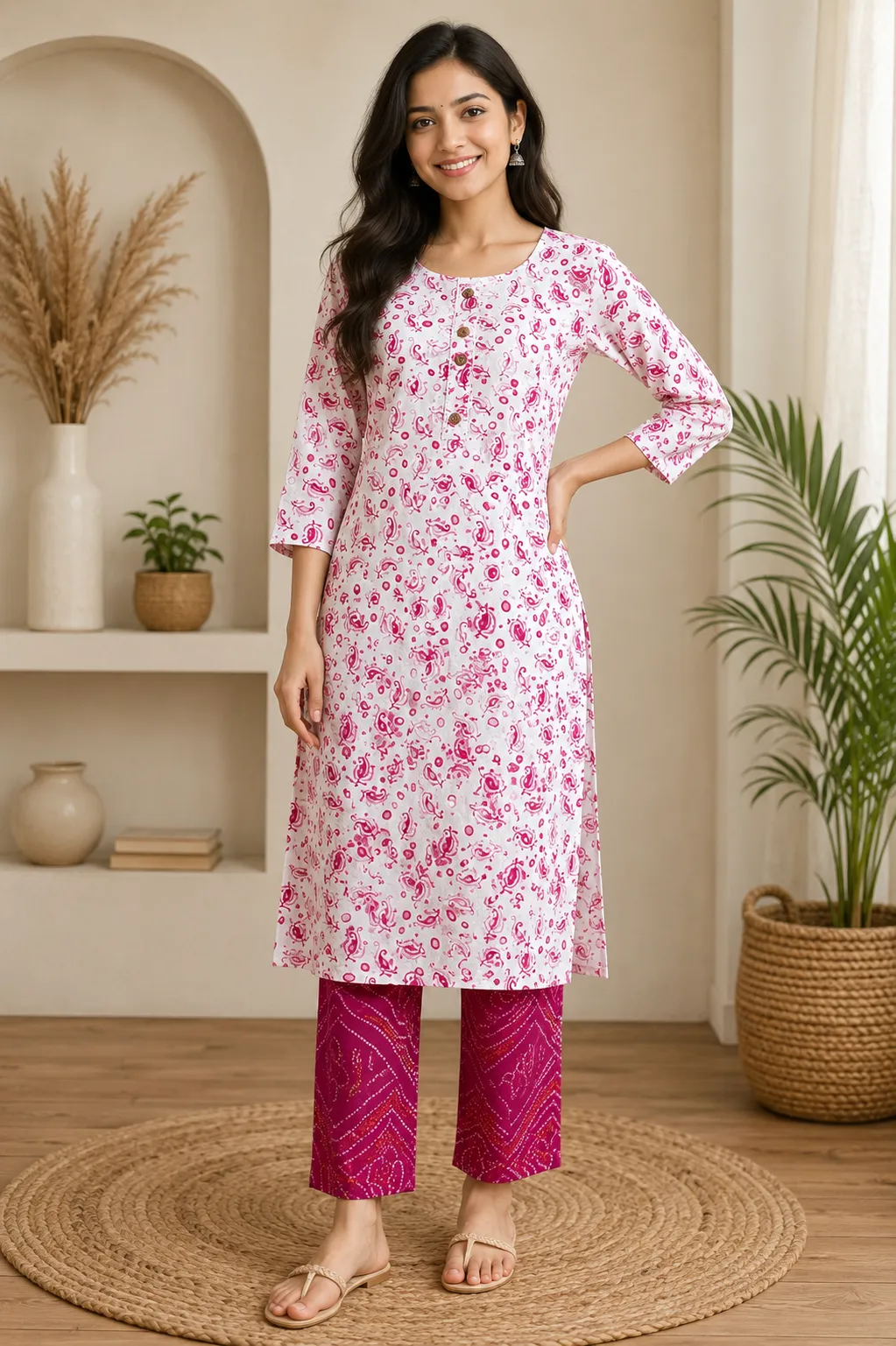 Women's White Pink Paisley Printed Kurta Set (2-Piece)