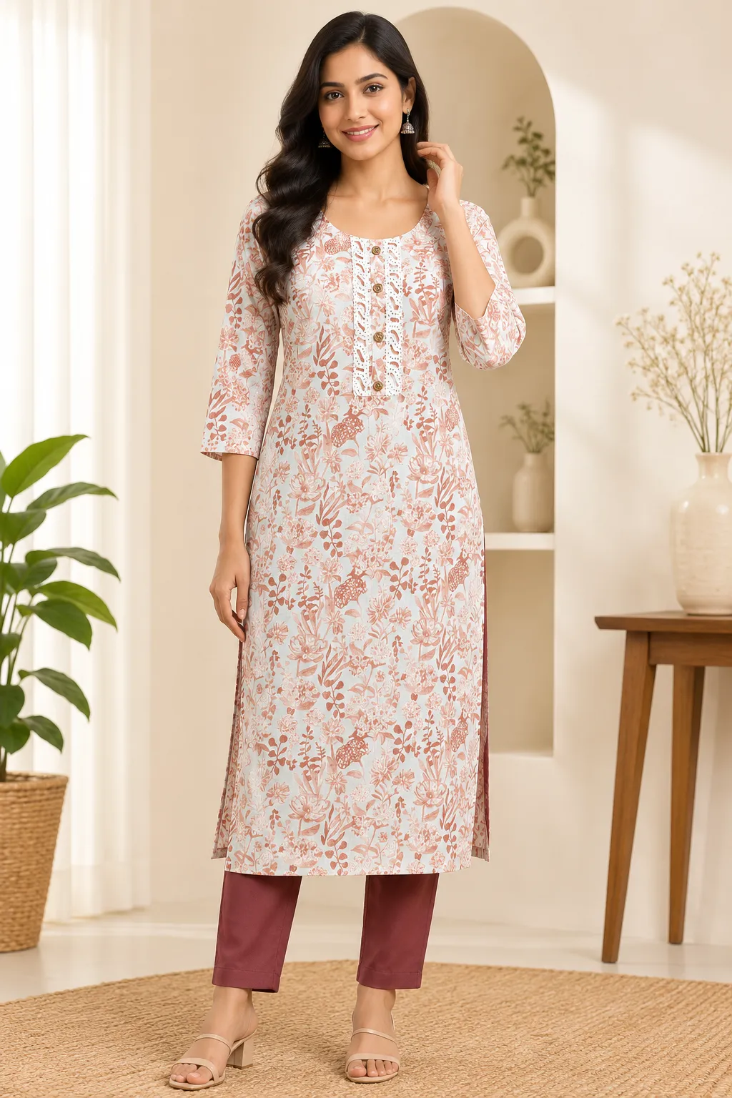 Women's Peach Blossom Floral Printed Kurta Set