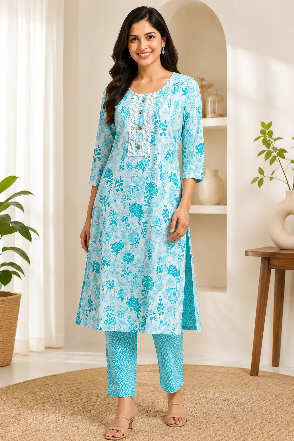 Women's Mint Green Floral Printed Kurta Set (2-Piece)