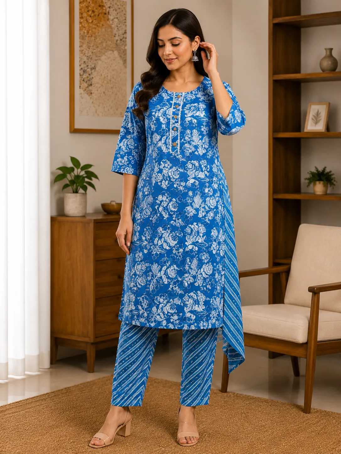 Women's Royal Blue Floral Printed Kurta Set (2-Piece)