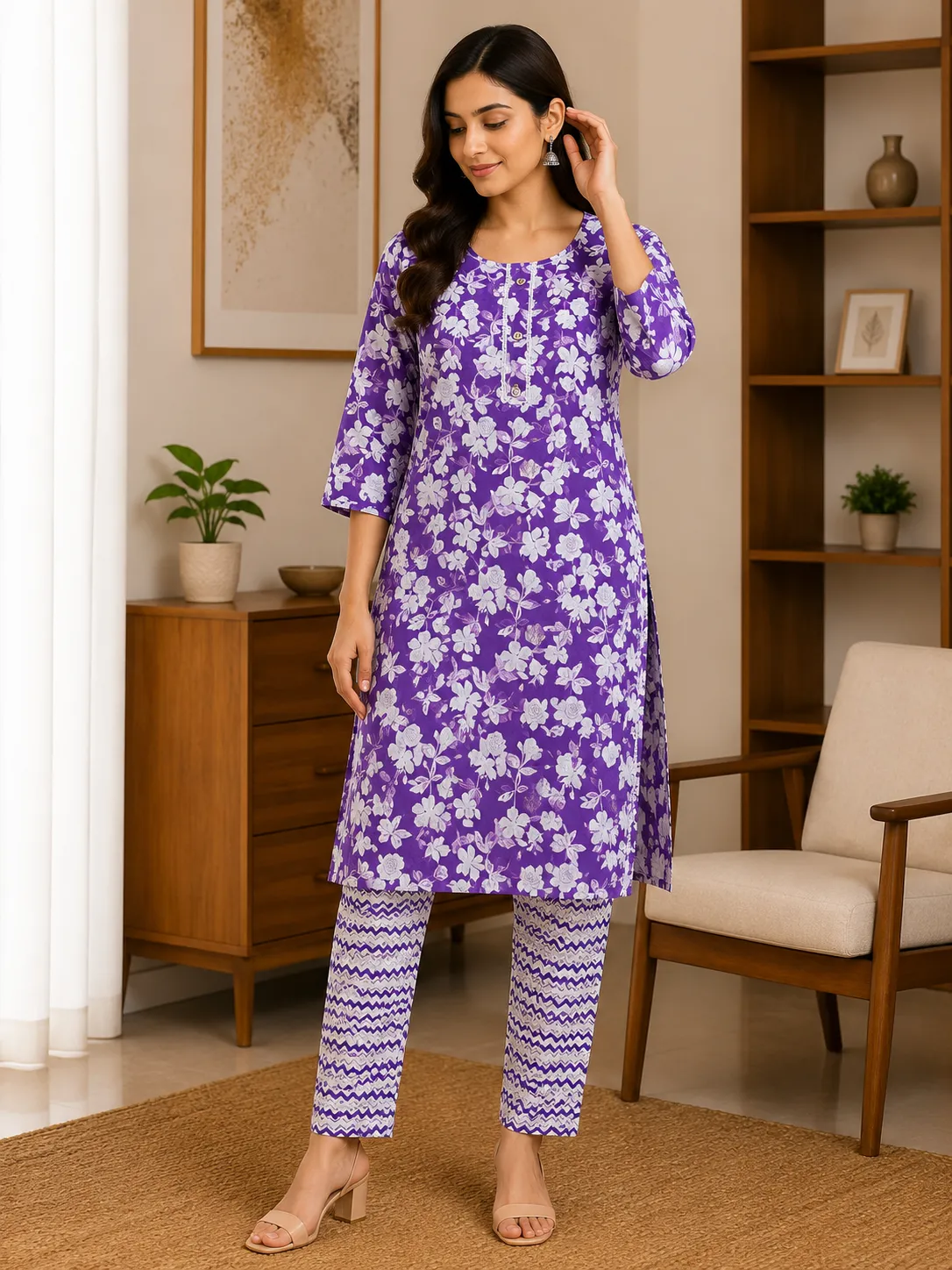 Women's Lavender Purple Floral Kurta Set  (2-Piece)
