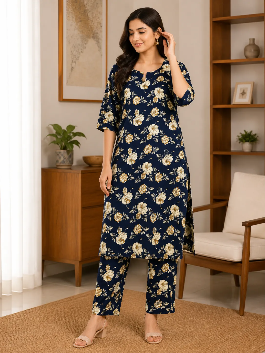 Women's Navy Blue Floral Printed Co-ord Kurta Set