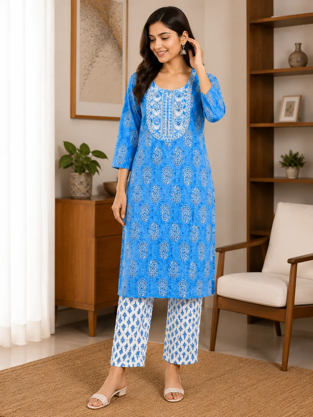 Women's Sky Blue Embroidered Kurta Set