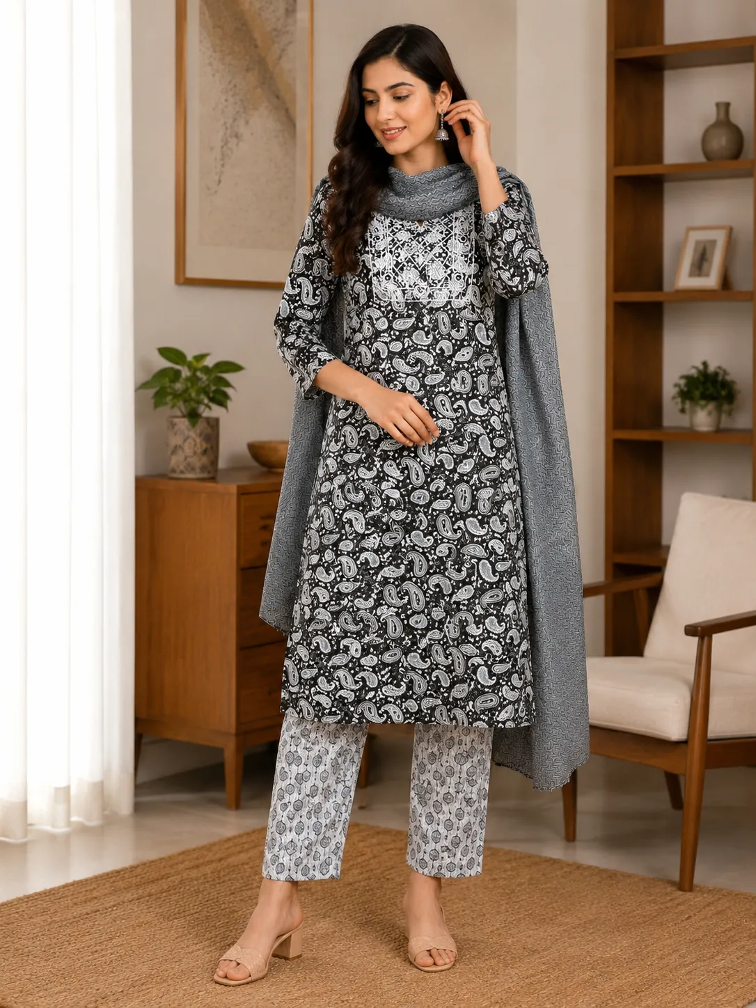 Women's Black Paisley Printed Kurta Set with Dupatta