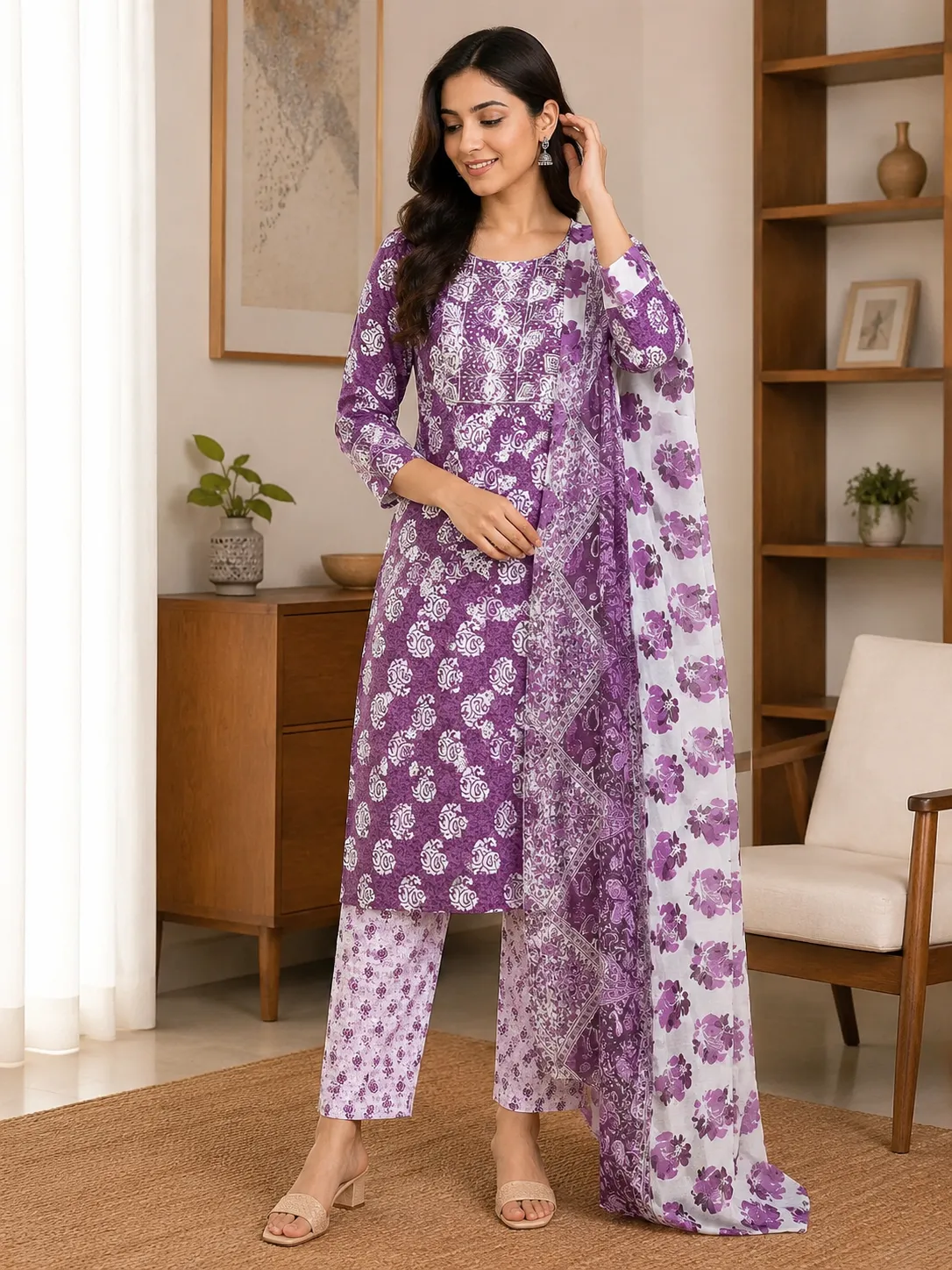 Women's Mauve Ethnic Printed Kurta Set with Designer Dupatta