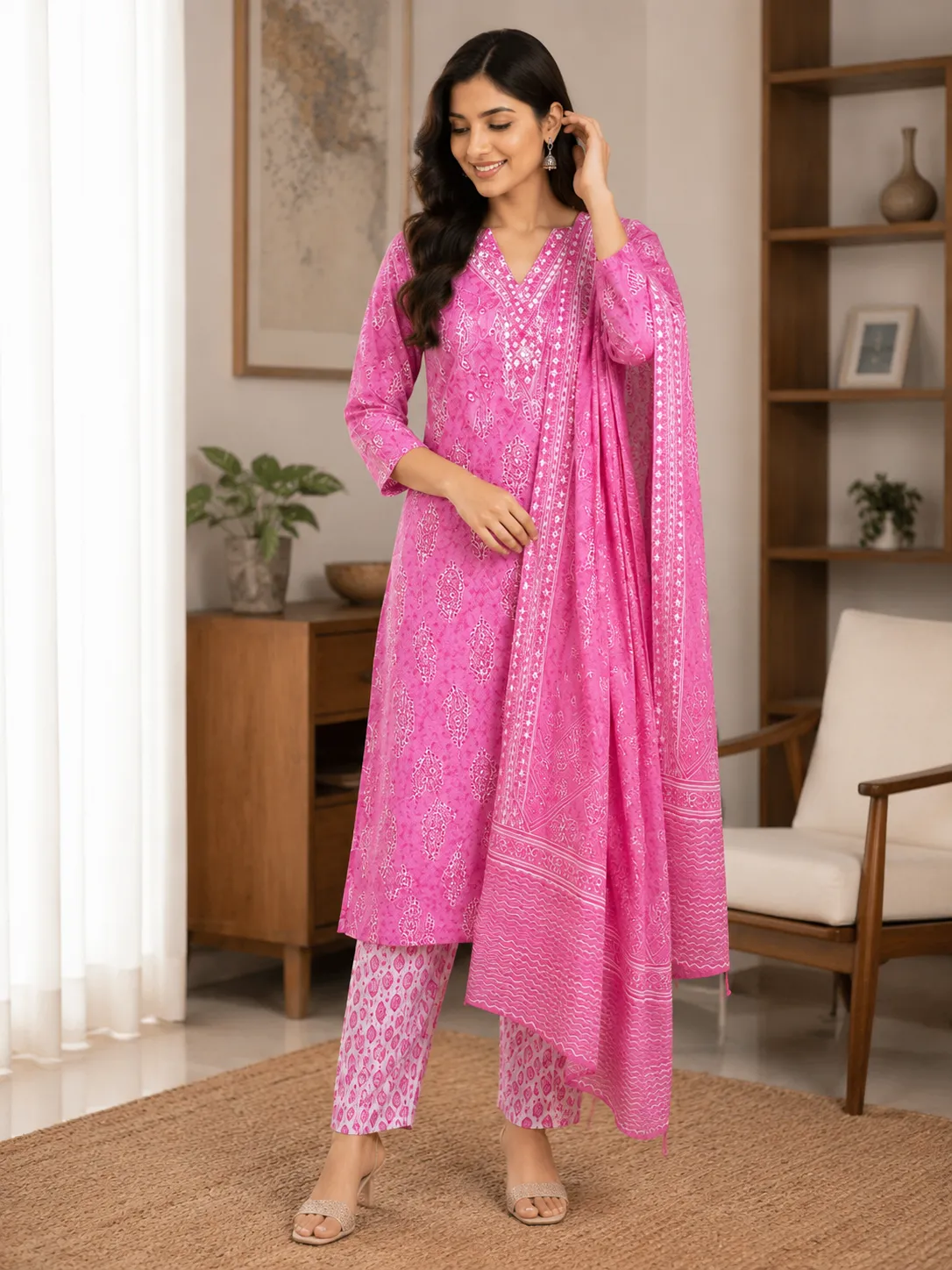 Women's Rani Pink Hand Block Print Kurta Set with Dupatta