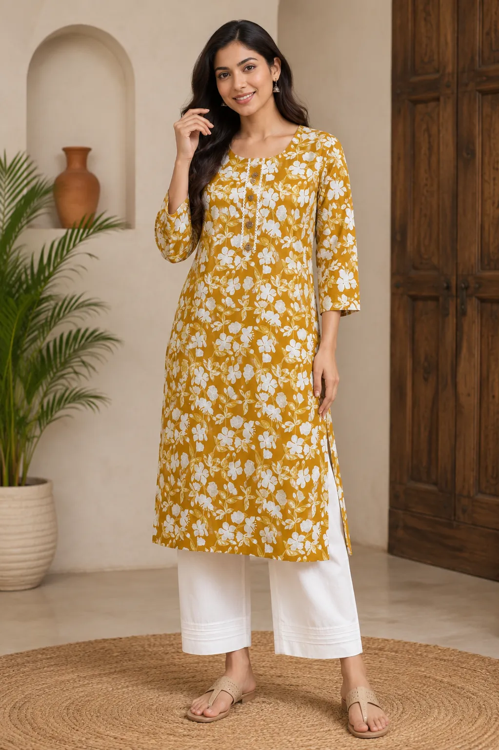 Mustard Floral Printed Kurta